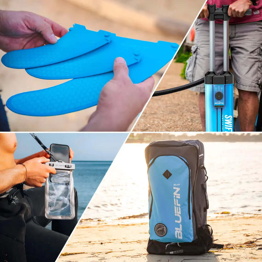 Bluefin SUP accessoires: vinnen, pomp, waterdichte tas en telefoonhoes